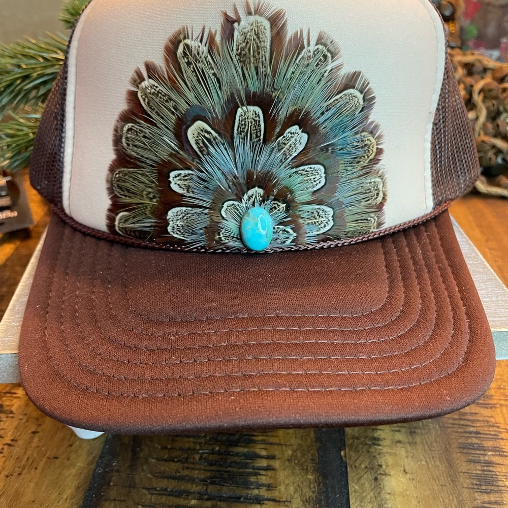 Western feather trucker hat with mohave turquoise stone, handmade, new